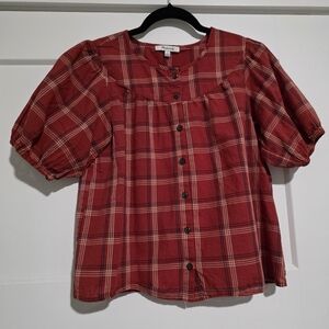 Madewell Red Plaid Button-Front Puff Sleeve Blouse